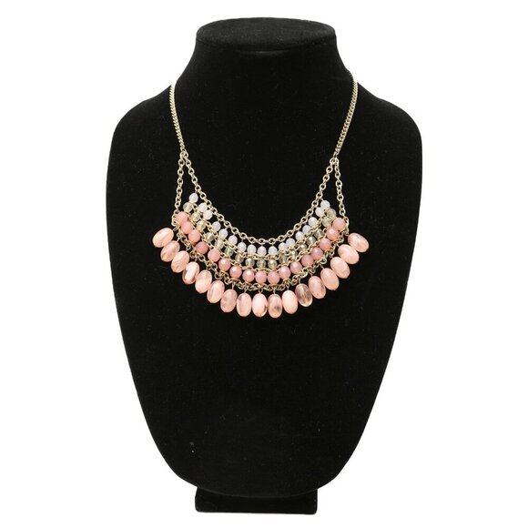 Layered Bib Statement Necklace Dangle Beaded Pink Coral Gold Iridescent Party - Picture 7 of 7